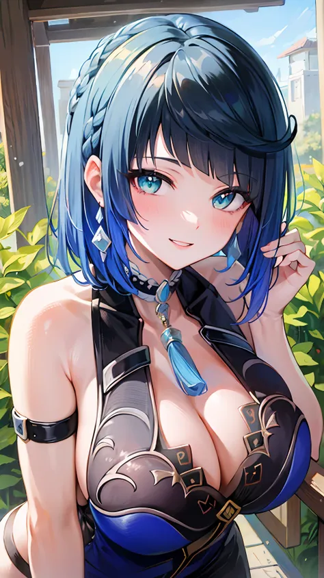 ((masterpiece, best quality)), (1 girl), ((mature female)), blue hair, bangs, mid-chest, (plump), slim, smile, [wide buttocks], ...