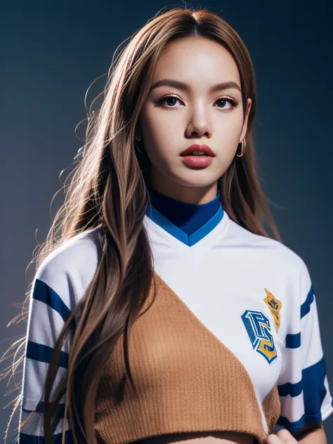 masterpiece, superlative, realistic, jennie wearing trendy football uniform, hd, photography and lighting, 16k