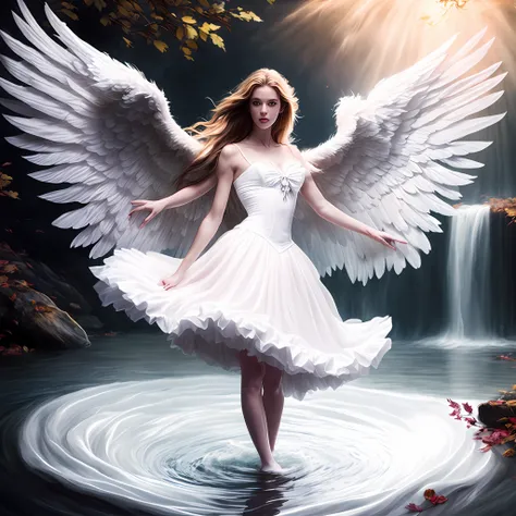 photo (fallenangel style:1) a digital painting of an (attractive angel:1) standing in the water wearing a white silk corset and ...