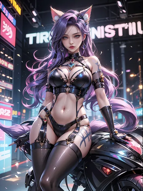 1 girl, beautiful realistic prestige kda all out ahri from league of legends blush, rope bikini armor, shibari,purple hair and e...