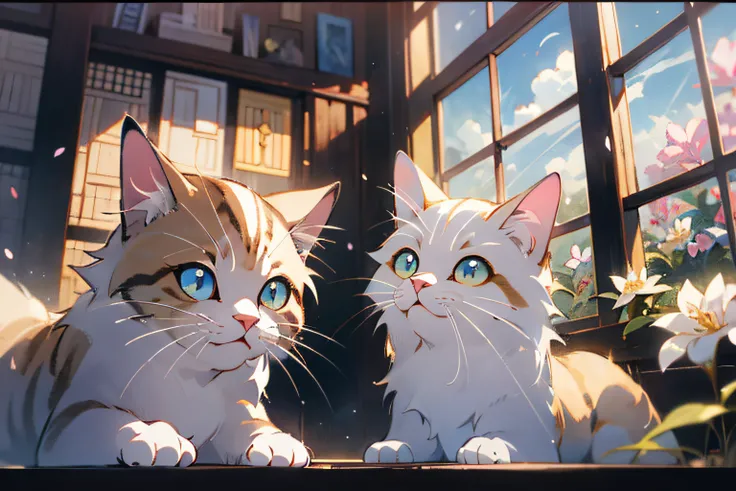 cute white puppet cat, hayao miyazaki dream style, surrealist animal illustration, bow, flowers, window, sky, meiji art, light color color painting, rich layers, realistic figurative painting, realistic hyper-detail portrait style, neo-traditional japan, s...