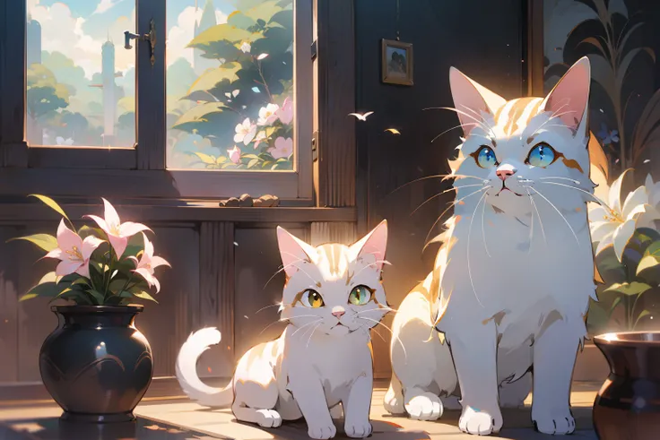 cute white puppet cat, hayao miyazaki dream style, surrealist animal illustration, bow, flowers, window, sky, meiji art, light color color painting, rich layers, realistic figurative painting, realistic hyper-detail portrait style, neo-traditional japan, s...