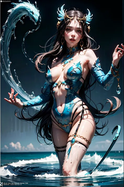 a beautiful demonic sorceress conjuring water casting a water spell,standing and looking at viewers, various water chains around her,(((detailed perfect face))),light smile, beautiful face, seductive body,tall body, mature body, BREAK water aura, water spe...