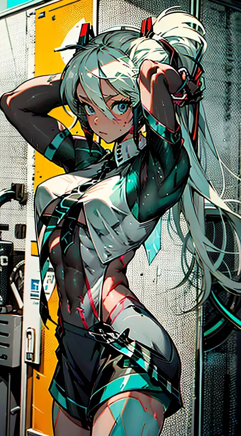 Light blue eyes with green twin tails, brown skin, muscular, Hatsune Miku, the highest, bodybuilding, flowing sweat, tattoo, big, big breasts, 1 girl,