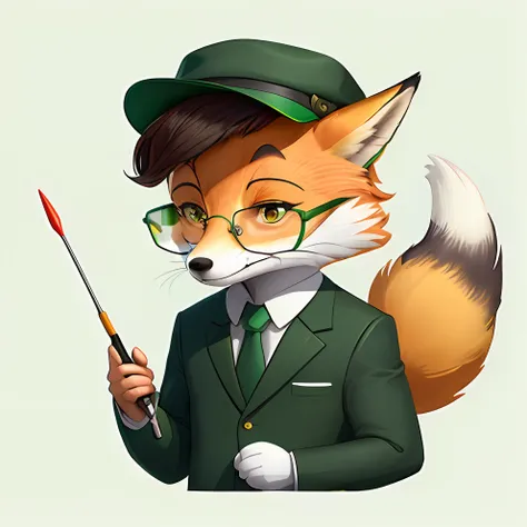 cartoon fox in green suit with tie and holding pointer, fox man in green teacher hat, man with pointer, man with glasses, teache...