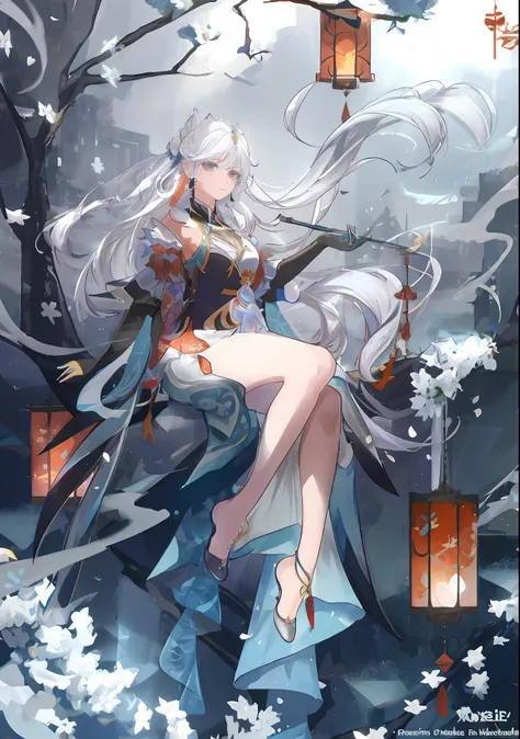 "A woman in a white dress sitting cross-legged on a branch, white hair like a god, the meticulous art of Onmyoji, the beauty of Onmyoji, the fascinating image of anime women, the anime world in gorgeous fantasy, the style of an anime goddess, the beautiful...