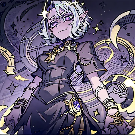 Girl with short silver hair, golden highlights in purple eyes, star stud earrings, elf ears, no headdress, black skirt, Cthulhu, dangerous, not smiling