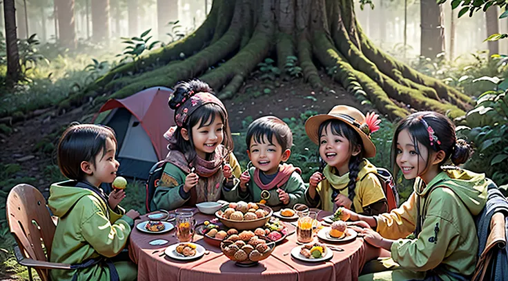 5 little babies with delicate facial features is camping in the forest, there is lot of delicacies on the table in front of them, all are happy smile on her face, scatered laddu on table, some have laddu on hand, the table is surrounded by parrots, and the...