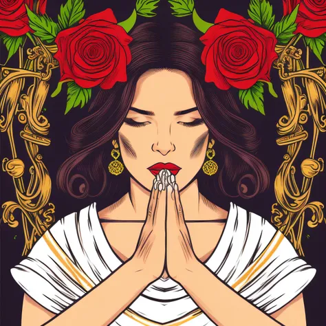 illustration by vector_art, praying hands with rosaries and roses, hyperrealistic, beautiful face, cinematic lighting, dramatic ...