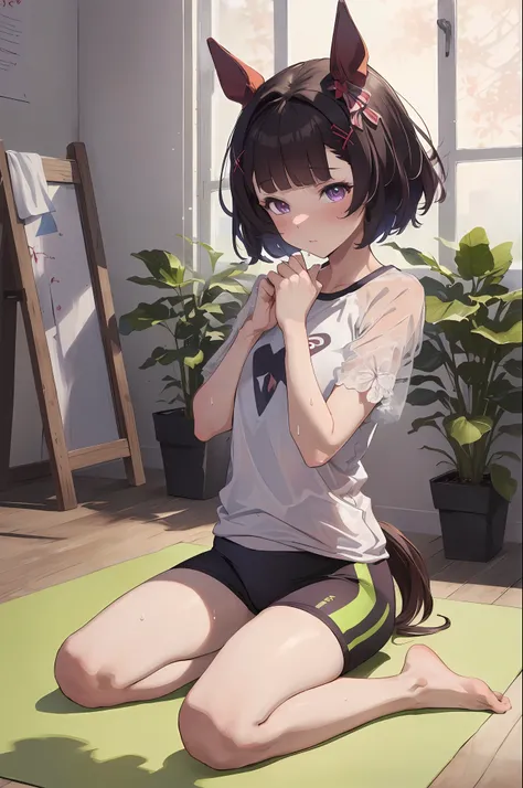 (((masterpiece))), ((best quality)), super detailed, solo,, 1 girl,(full body:1.2),nishino flower (umamusume),(ultra-detailed:1.3), minimal Yoga clothes, embarrassed, (open-minded, intimate), yoga studio, sweat leggs, all fours, intricated clothing, analog...