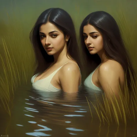 close up portrait of a cute woman (Bollywood actress) bathing in a river, reeds, (backlighting), realistic, masterpiece, highest quality, lens flare, shade, bloom, [[chromatic aberration]], by Jeremy Lipking, by Antonio J. Manzanedo, digital painting, --au...