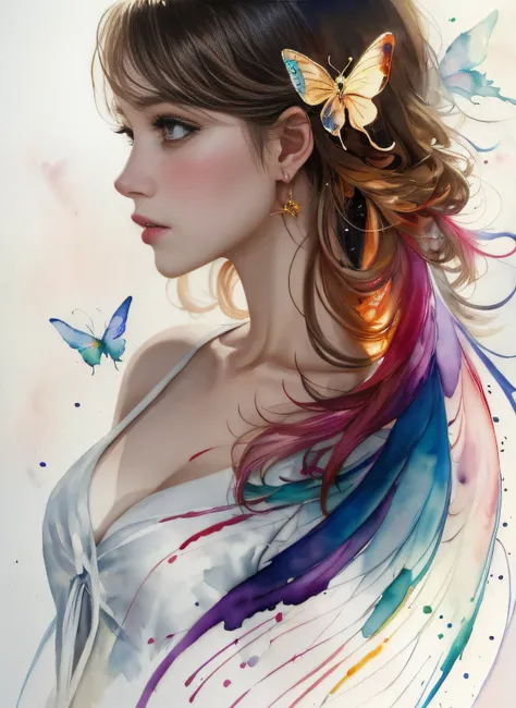 water color paint, beautiful angle woman character front view full body with butterfly wing, perfect form pose, line art waterco...