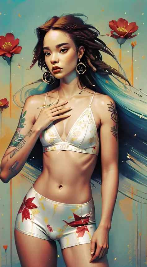ankymoore, visão de baixo pra cima, 1rapper with dread hair with tattoos, white and red sexy clothes(cameltoe), graffitti background, (masterpiece), (best quality:1.2), absurdres, intricate details, flowers, leaves, roots