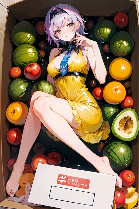 (Masterpiece, top quality, best quality, official art, beautiful beauty: 1.2), (8K, best quality, masterpiece: 1.2), a woman, short pink hair, headdress, yellow dress, black tie, delicate facial features, lying in a huge box with shy expression, the box is...