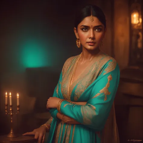 Indian Bollywood actress in the style of nocturne, dreamy atmosphere, dark cyan and red, i cant believe how beautiful this is, serene atmosphere, piles/stacks, flickering light, epic realistic, broken old boat in big storm, illustrated by herg, style of ti...