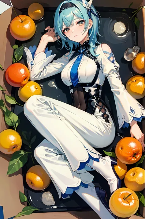 (Masterpiece, Top Quality, Best Quality, Official Art, Beautiful Beauty: 1.2), (8K, Best Quality, Masterpiece: 1.2), A Woman, Short Hair, Headdress, White Dress, Black Tie, Delicate Facial Features, Lying in a Huge Box, Shy Expression, Box Full of Apples, ...
