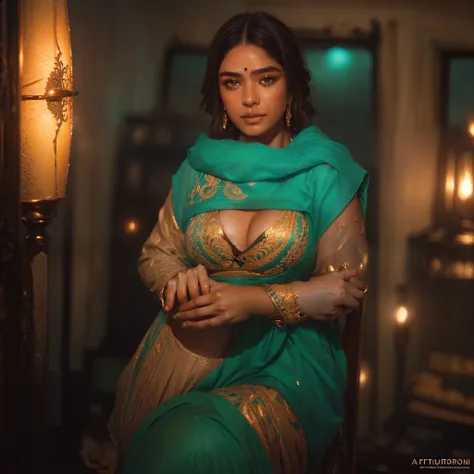 Indian Bollywood actress in the style of nocturne, dreamy atmosphere, dark cyan and red, i cant believe how beautiful this is, serene atmosphere, piles/stacks, flickering light, epic realistic, broken old boat in big storm, illustrated by herg, style of ti...