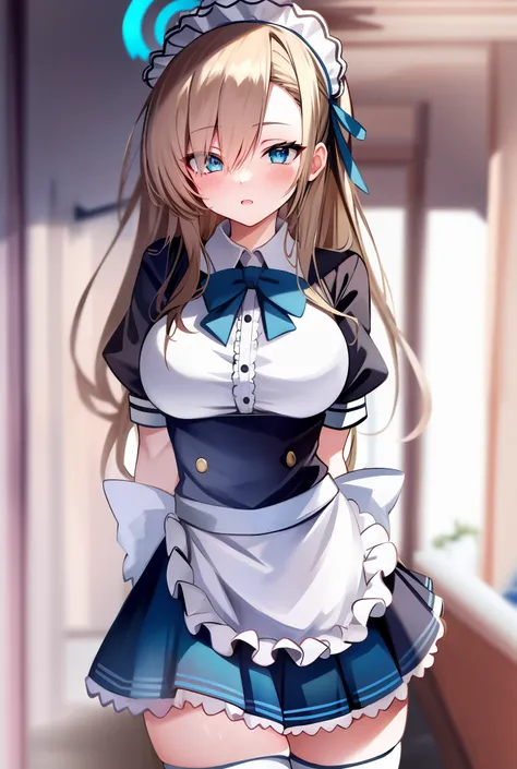 (highres), (absurdres), (best quality), (high quality), (masterpiece), 1girl, asuna, blue eyes, long hair, halo, hair over one eye, very long hair, light brown hair, (large breasts), hair ribbon, maid, maid headdress, apron, frills, frilled apron, puffy sl...