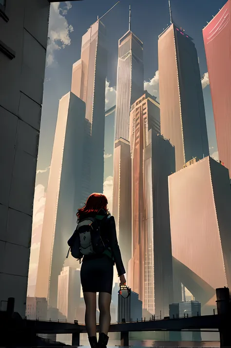 cityscape, city, cloud, scenery, skyscraper, building, sky, girl, woman, long hair, pencil skirt, black pantyhose, from behind, outdoors, 1girl, sunlight, tower, facing away, city lights, pink hair, water, sunbeam, light rays, backpack, high heeled boots, ...