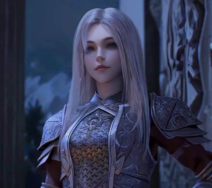 arafed woman in armor standing in front of a stone wall, elven character with smirk, shadowbringers cinematic, jaina proudmoore,...