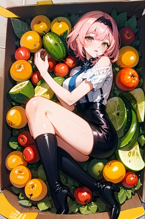 (Masterpiece, Top Quality, Best Quality, Official Art, Beautiful Beauty: 1.2), (8K, Best Quality, Masterpiece: 1.2), A Woman, Short Pink Hair, Headdress, Yellow Purple Dress, Black Tie, Delicate Facial Features, Lying in a Huge Box, Shy Expression, Box Ful...