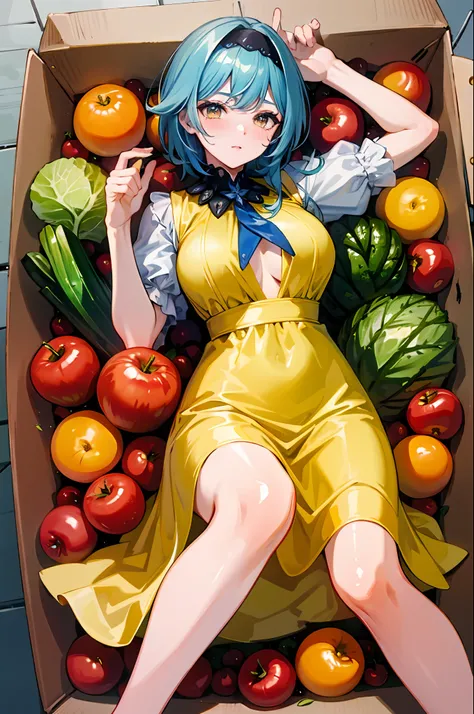 (Masterpiece, Top Quality, Best Quality, Official Art, Beautiful Beauty: 1.2), (8K, Best Quality, Masterpiece: 1.2), A Woman, Short Pink Hair, Headdress, Yellow Purple Dress, Black Tie, Delicate Facial Features, Lying in a Huge Box, Shy Expression, Box Ful...