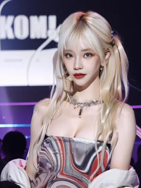 (8K, 4K, Best Quality, Highres, Ultra High Res:1.1), (Masterpiece, Realistic, Photo-Realistic:1.1), 1girl, Face, Close-Up, Twintails, Blonde Hair, Black Eyes, Red Lips, (Looking in Audience: 2), Wearing a babes slip dress, lace, cleavage, split ends, bare ...