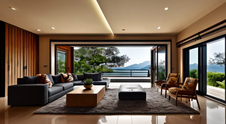 Interior design, amazingly detailed wide angle architectural photography, cozy designer living room (warm bright sunlight 1:0.1), award-winning contemporary interior design, landscape, table, chair, interior, hardwood floor, window, restaurant, east asian ...