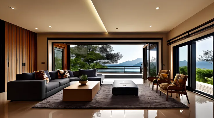 Interior design, amazingly detailed wide angle architectural photography, cozy designer living room (warm bright sunlight 1:0.1), award-winning contemporary interior design, landscape, table, chair, interior, hardwood floor, window, restaurant, east asian ...