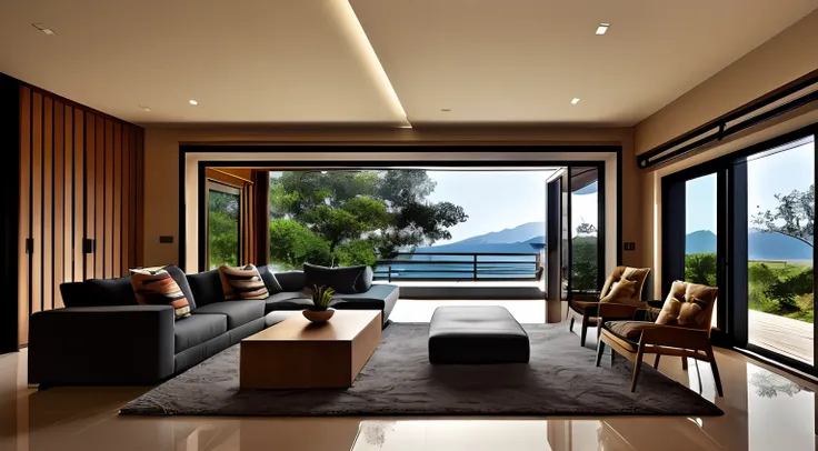 Interior design, amazingly detailed wide angle architectural photography, cozy designer living room (warm bright sunlight 1:0.1), award-winning contemporary interior design, landscape, table, chair, interior, hardwood floor, window, restaurant, east asian ...