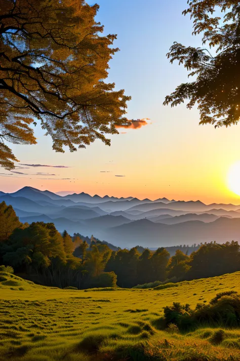 sea, sunrise, victoria regia, mountains, trees