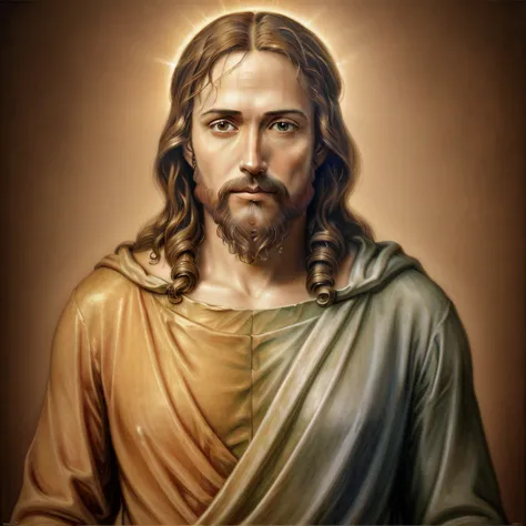 add_detail:1, realistic image of jesus christ, half the body, add_detail:light and distant from heaven above the head