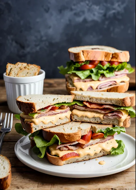 raw photo of a blt sandwich with extra bacon, (rustic diner background), seed bread, pepper jack cheese, (intricate details:1.12...