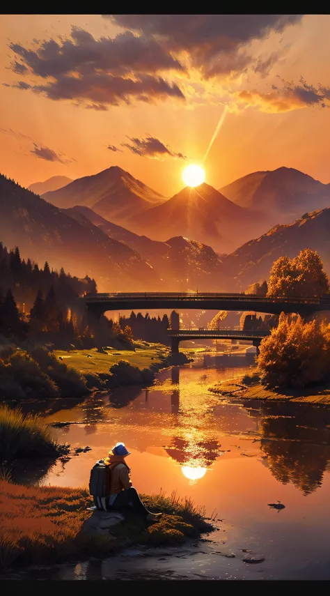 Dusk, river bank, colorful sky, orange sun, mountains, distant mountains, outline, beautiful scenery