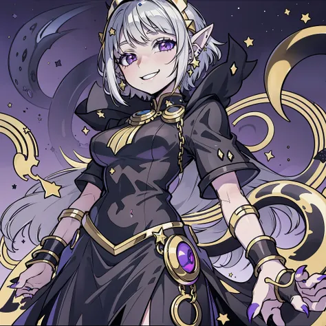 Girl with short silver hair, golden highlights in purple eyes, star stud earrings, elf ears, headless headdress, black one-piece dress, Cthulhu octopus, dangerous, smiling, more metal trim, black manicure