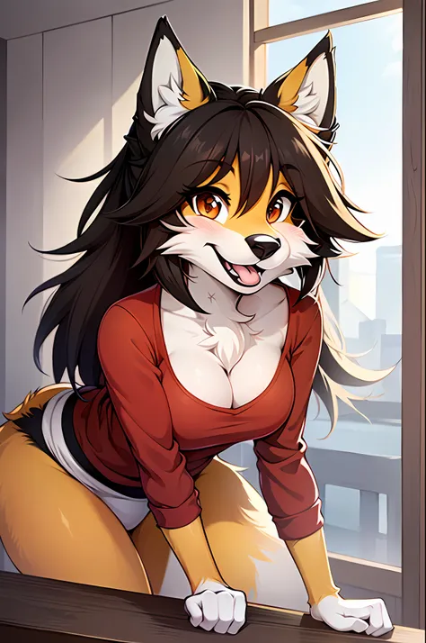 ((masterpiece, best quality)), (anthro furry:1.3, snout:1.2, anthro:1.3, furry:1.2, closeup:1.2, solo female:1.2, cleavage, leaning forward, smile, red), no top, sweatpants