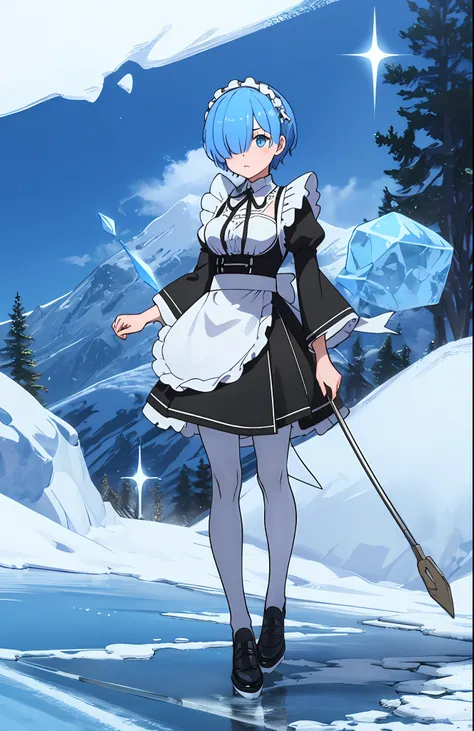 masterpiece, best quality, ultra-detailed, sharp, epic lighting, film composition, 1 girl, solo, nayutarun, cute, light blue hair, short hair, medium breasts, nudity, (hair above one eye: 1.3), blue eyes, rothval mansion maid uniform, wide sleeves, apron, ...