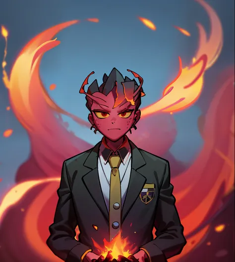 a cartoon of a man in a suit and tie standing in front of a fire, digital art from danganronpa, the background is on fire, from ...