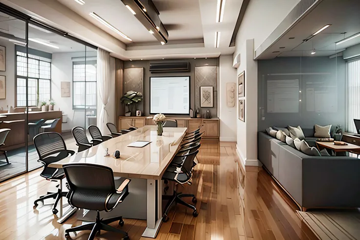 GDMINT Luxury Modern Interior Design of an Open Floor Office with Modern Furniture, 4K, MacBook