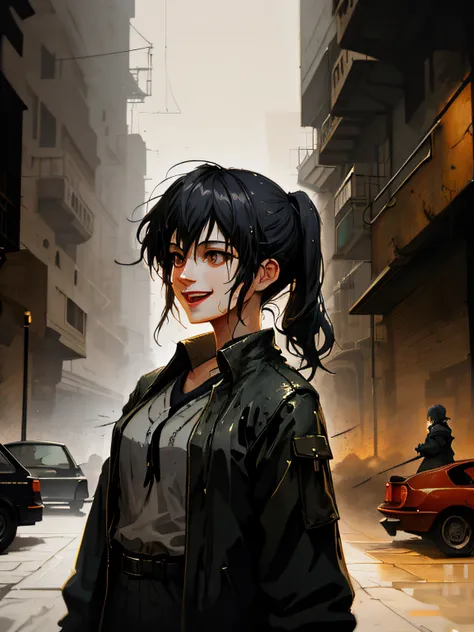 a young woman, street, laughing, ponytails, (hdr:1.3), (muted colors:1.2), dramatic, complex background, cinematic, filmic, (rutkowski, artstation:0.8), soaking wet