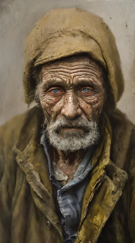 a portrait of poor russian 1800 old worker in rags, ((overwhelming fatigue )), wrinkles of age, concept art, oil pastel painting...