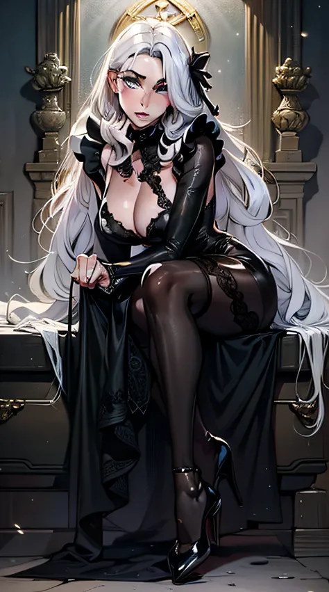 A beautiful and delicate girl sits on a black coffin, with a side face, beautiful legs, silver-white hair, wearing a delicate black maid costume, beautiful facial features and a beautiful face. Surreal, fair skin, perfect details, super details, Charlie Bo...