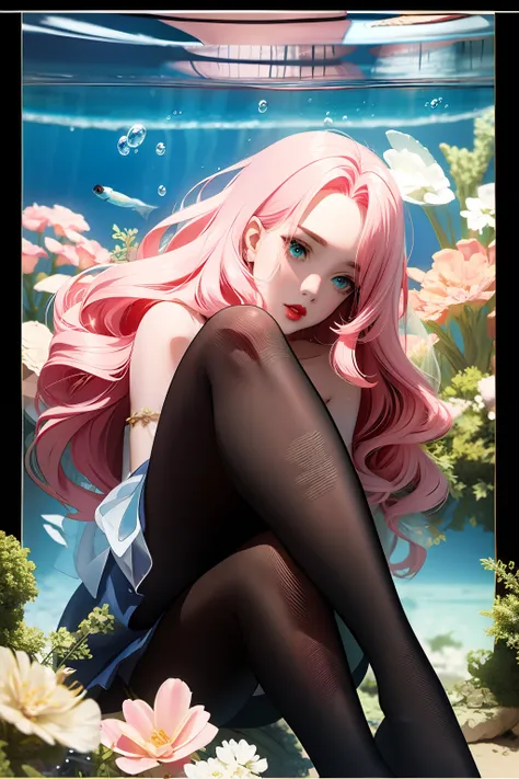 [(Transparent background:1.5)::5],(((masterpiece))),(((best quality))),(((extremely detailed))),illustration, 1girl, mysterious, vivid colors, colorful,underwater,  transparent sealed hemispherical glass dome, pink hair, beautiful face, beautiful eyes, ful...
