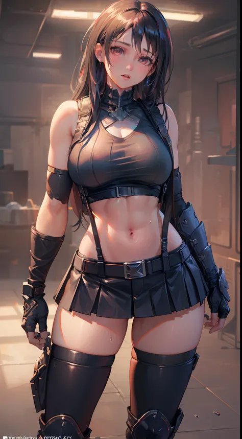 Unreal Engine 5 Realistic Render, (masterpiece, best quality), intricate details, (Best quality)), ((masterpiece)), ((realistic)), (hyperrealism:1.2), (fractal art:1.2),
1girl, 7rtifa, crop top, arm guards, fingerless gloves, suspenders, pleated miniskirt...