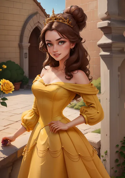 (bellewaifu:1), surprised, handsome, handsome pose, looking at the viewer, thick thighs, (long yellow dress:1.2), (hair bun, tia...