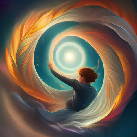 oldjourney the legendary dream vortex and a dreamer, a boy laying on a bed in front of a vortex, ultrafine detailed painting, ps...