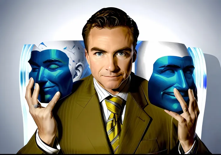 a man in a suit with different face masks on them, 3 masks, publicity photo, multiple faces, promotional shot, big heads, face-o...