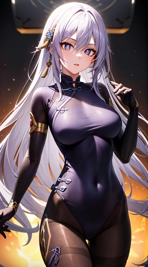 masterpiece, anatomically correct, super detail, high quality, highres, ccurate, 8k, 1 girl, purple pupils, ((ancient China)), translucent skin, (translucent light purple with black tights), mechanical, cinematic HD lens, cosmos, detailed facial features