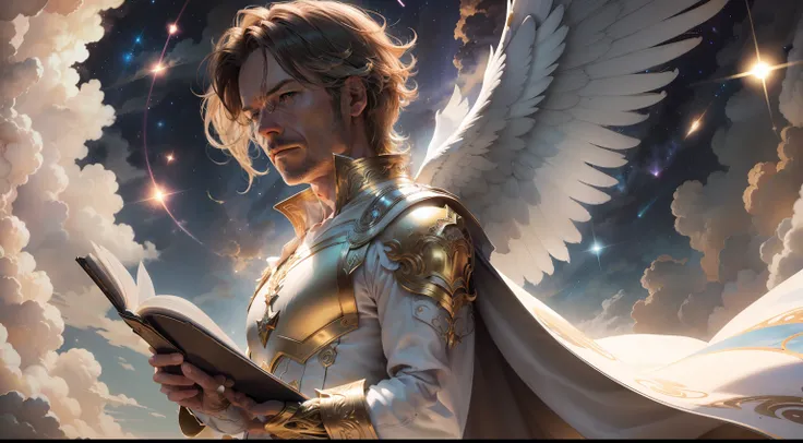 archangel gabriel, male figure, wrapped in a simple white gown, dark hair, looking 45 years old, (((descending from the heavens ...