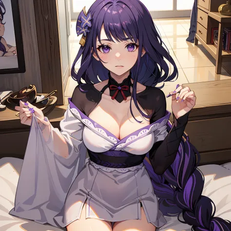 (Masterpiece, Best Quality), Female, Raiden Ei, Purple Hair, Purple Eyes, Kind, Considerate, Shy, Funny, Love myself, Faithful, Wearing a purplish white dress
